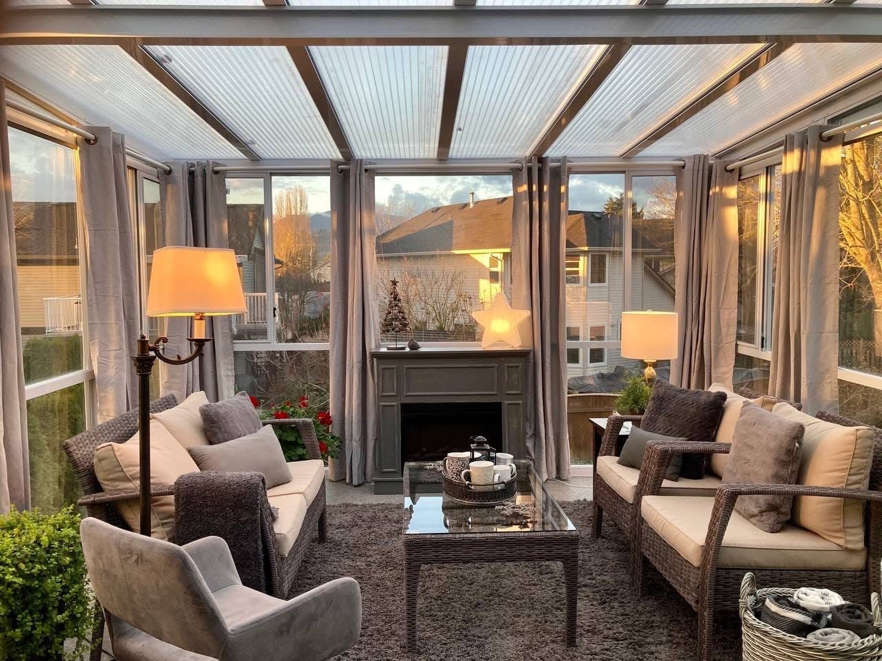 Interior of a glass solarium lit in the evening